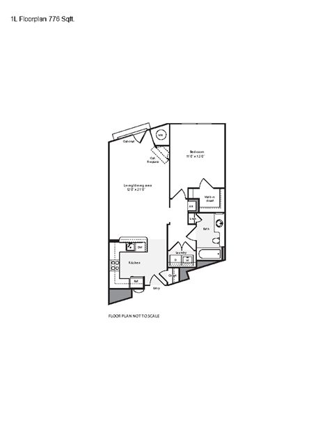 Floor plan for 1 bed, 1 bath, 776 sqft